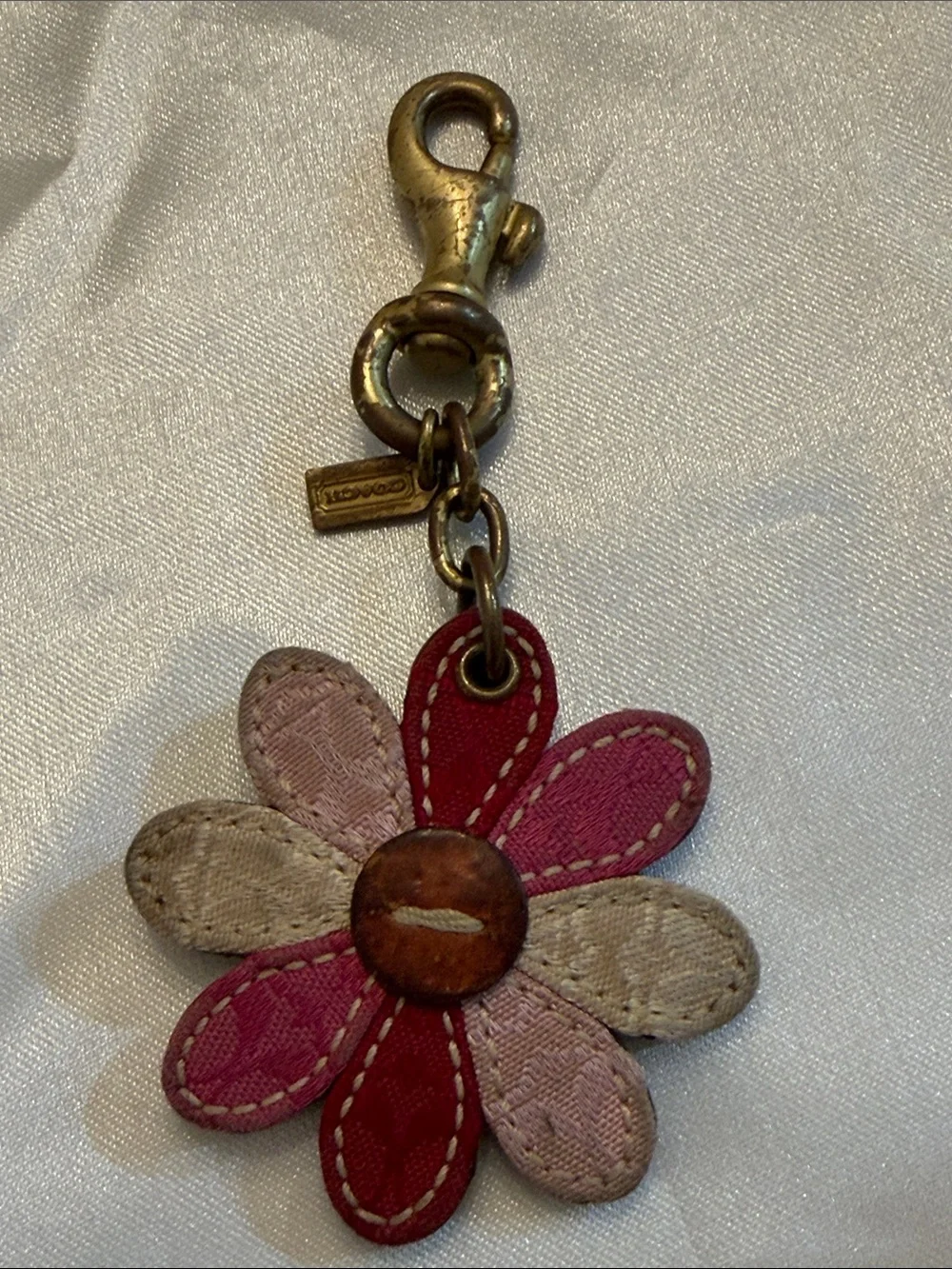 Coach Vintage Pink Signature Leather Cloth F lower Daisy Charm Fob Rare